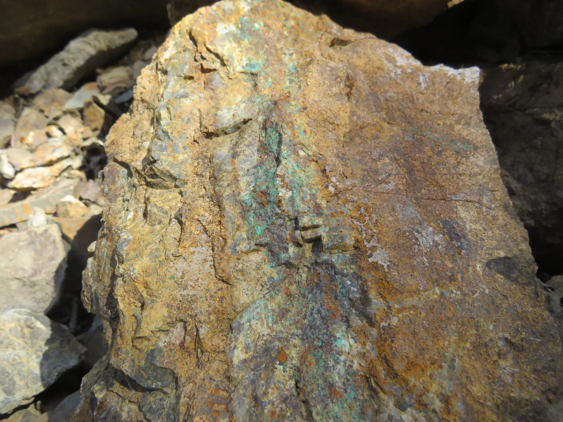 Iron-stained gossan outcrop with copper oxide veining, Calida