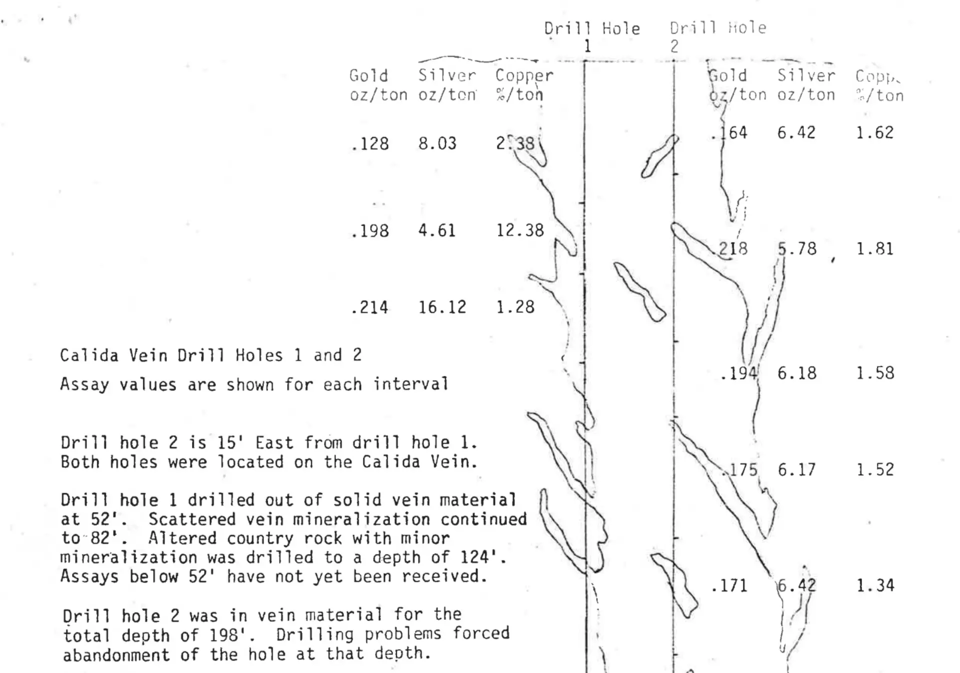 Calida Vein drill hole assay log diagram, holes one and two