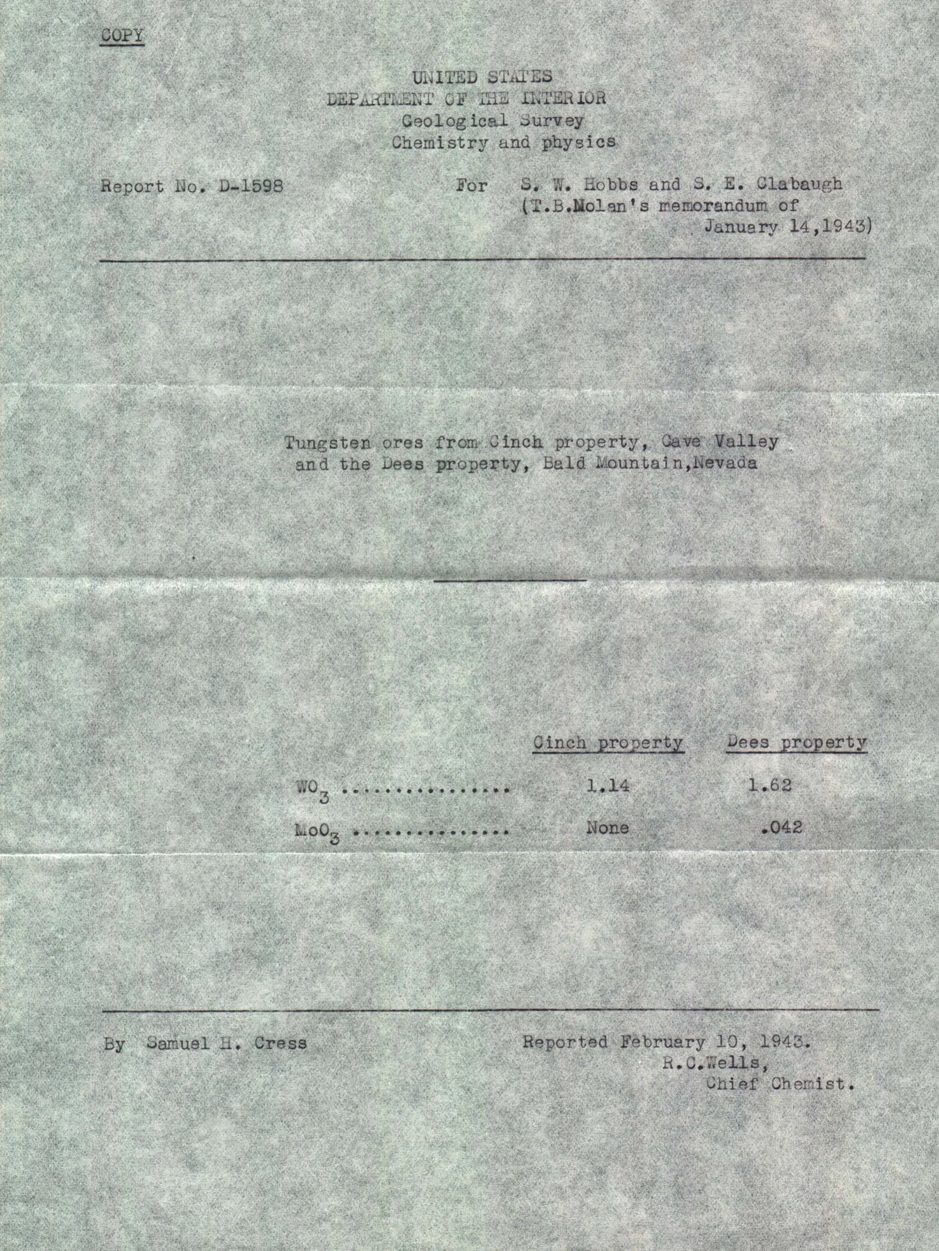 1943 USGS Department of the Interior chemistry laboratory assay report (Report No. D-1598) on tungsten ores from the Cinch property, returning 1.14% WO₃.