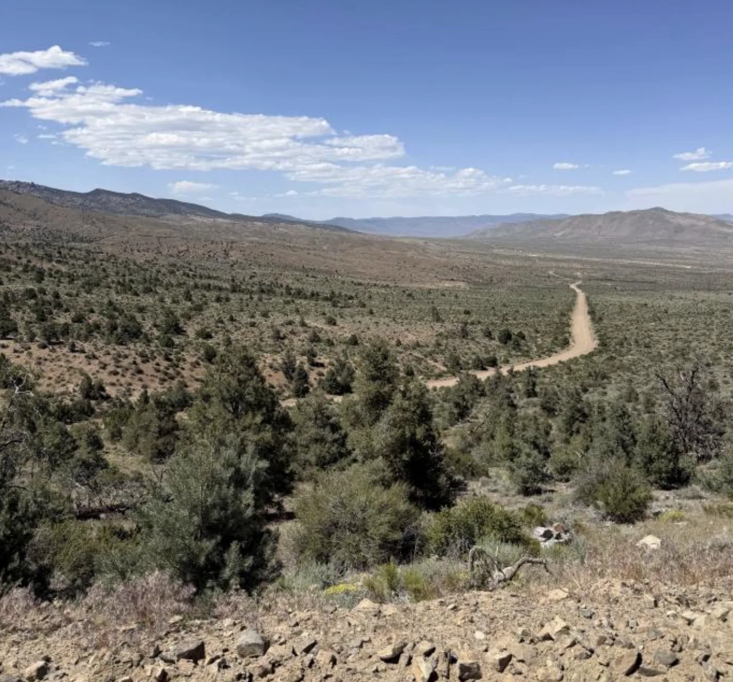 Valley vista with a dirt road winding toward distant ranges.