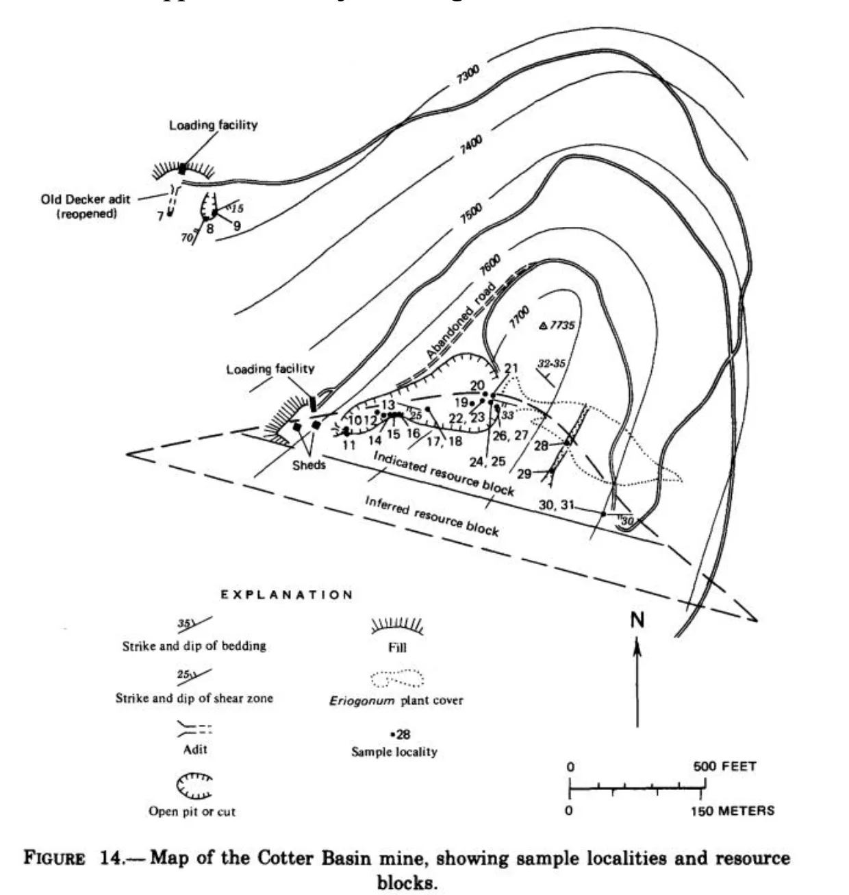 Figure 14 — historic U.S. Bureau of Mines map of the Cotter Basin mine showing sample localities and resource blocks.