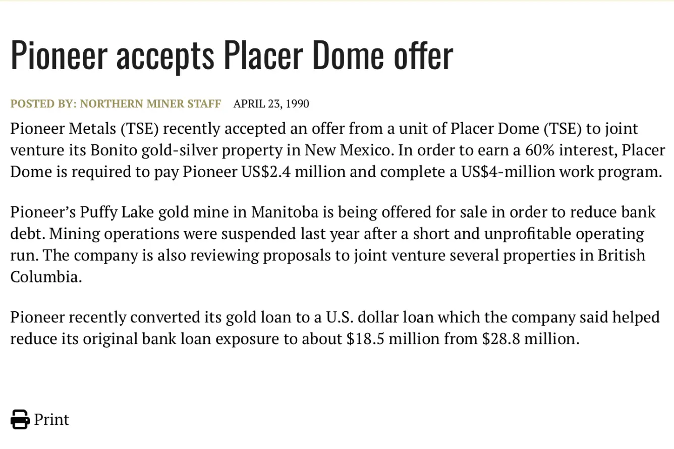 Northern Miner article on Pioneer-Placer Dome Bonito joint venture