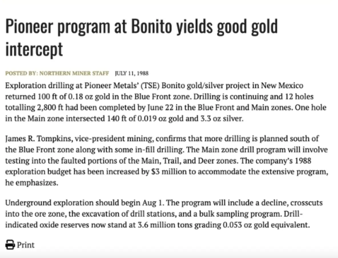 Northern Miner article on Pioneer Bonito drilling program 1988