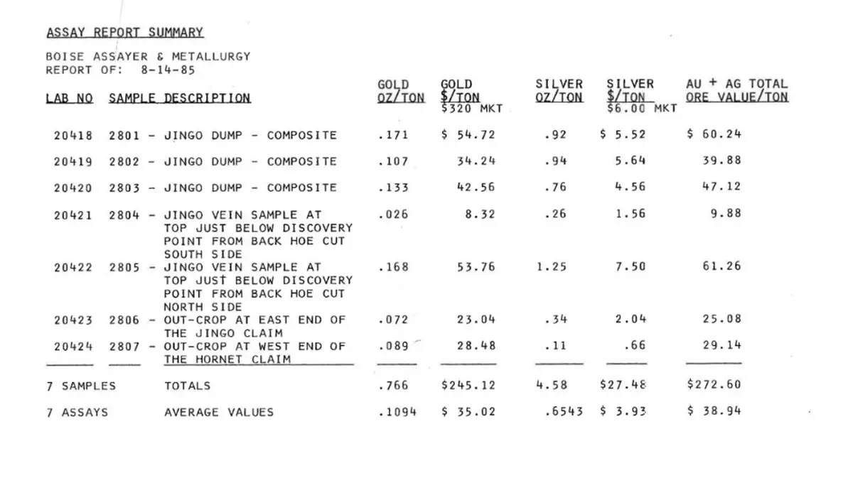 1985 assay report Jingo Dump and vein samples