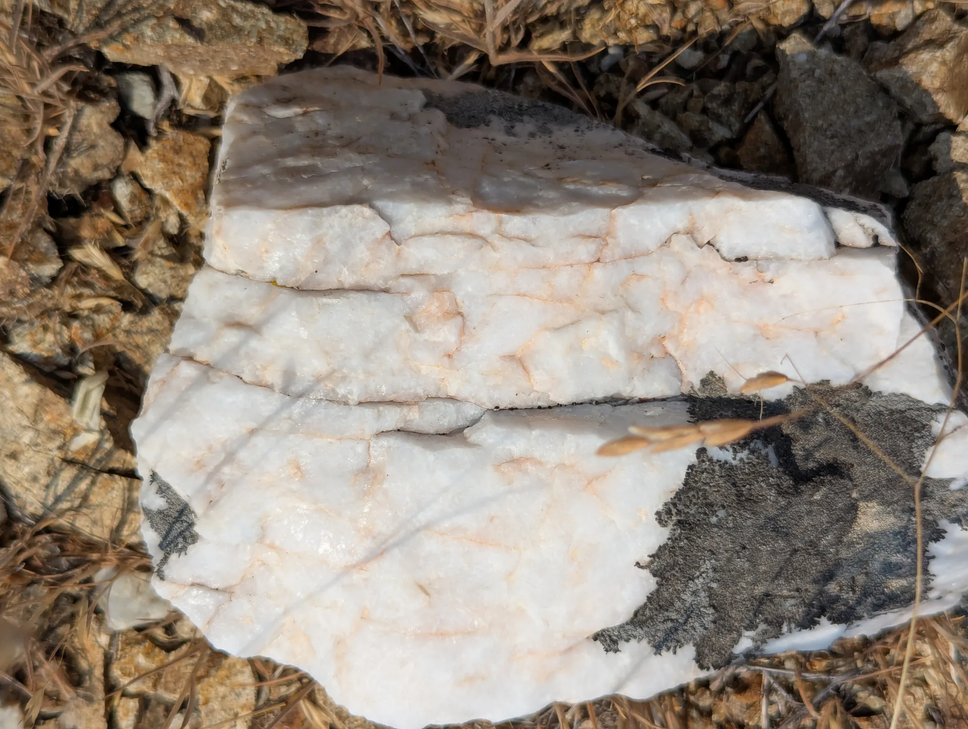Slab of white bull quartz with iron staining along fractures.