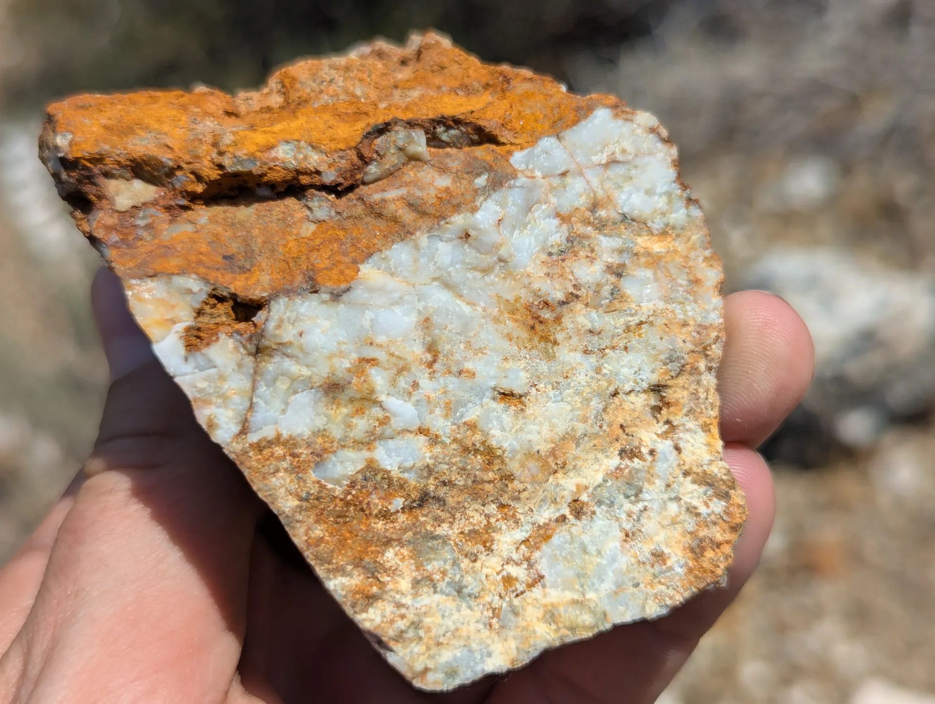 Hand specimen of vein quartz heavily stained with limonite.