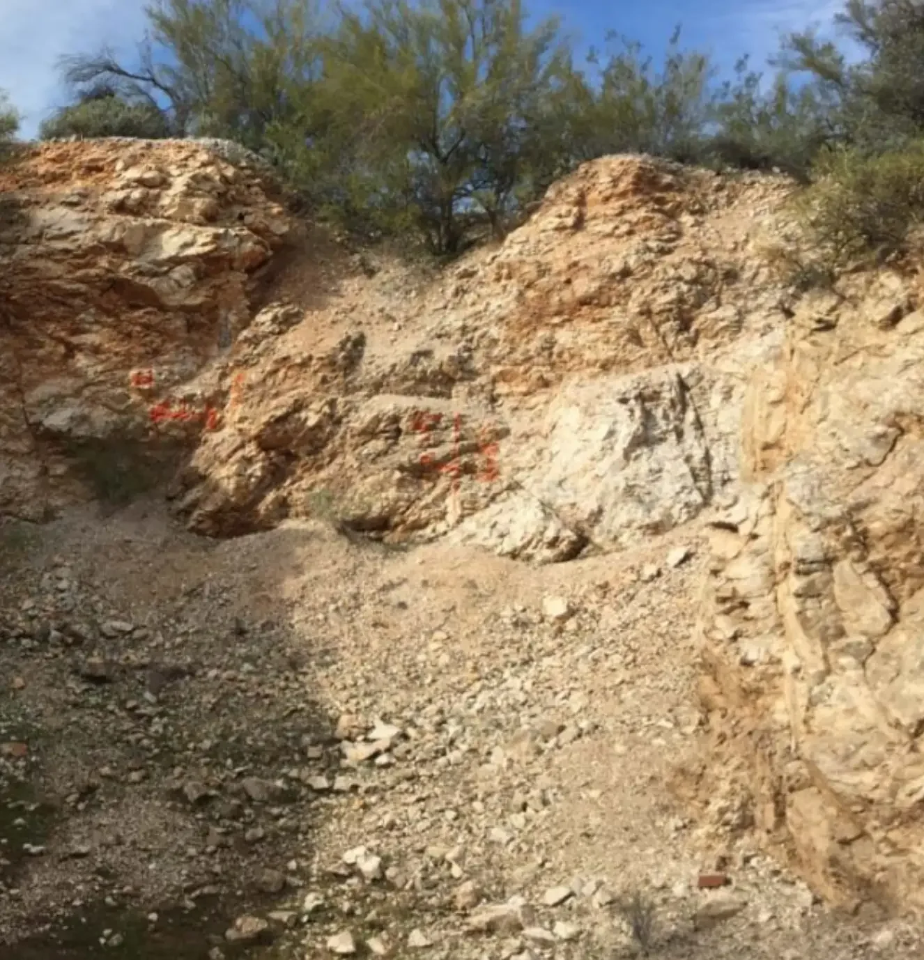 Pegmatite road-cut exposure at the Lucky Mica Lithium project, Maricopa County, Arizona