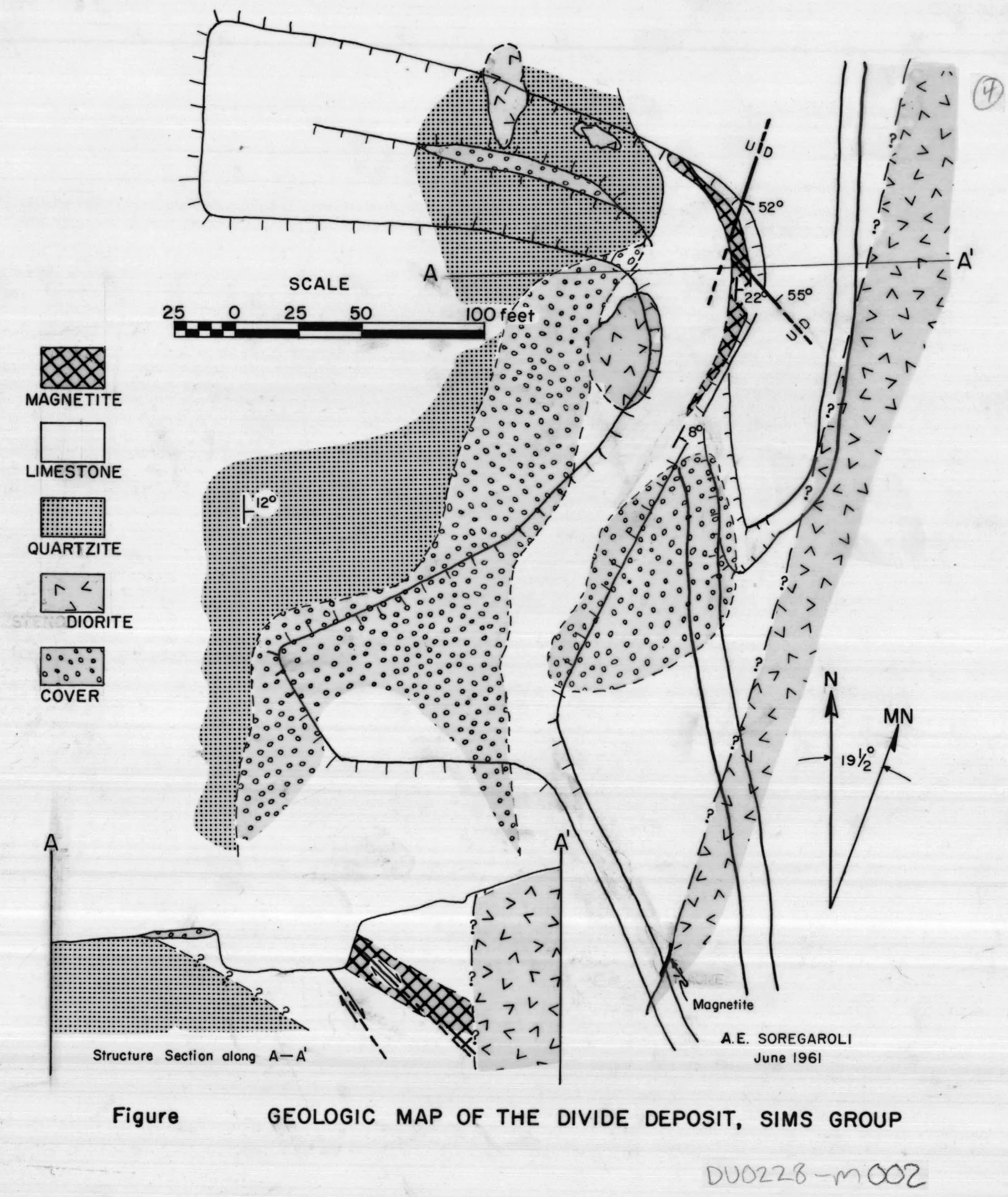 Geologic map of the Divide deposit, Sims Group (A.E. Soregaroli, June 1961), showing magnetite, limestone, quartzite and diorite units with a structure section 