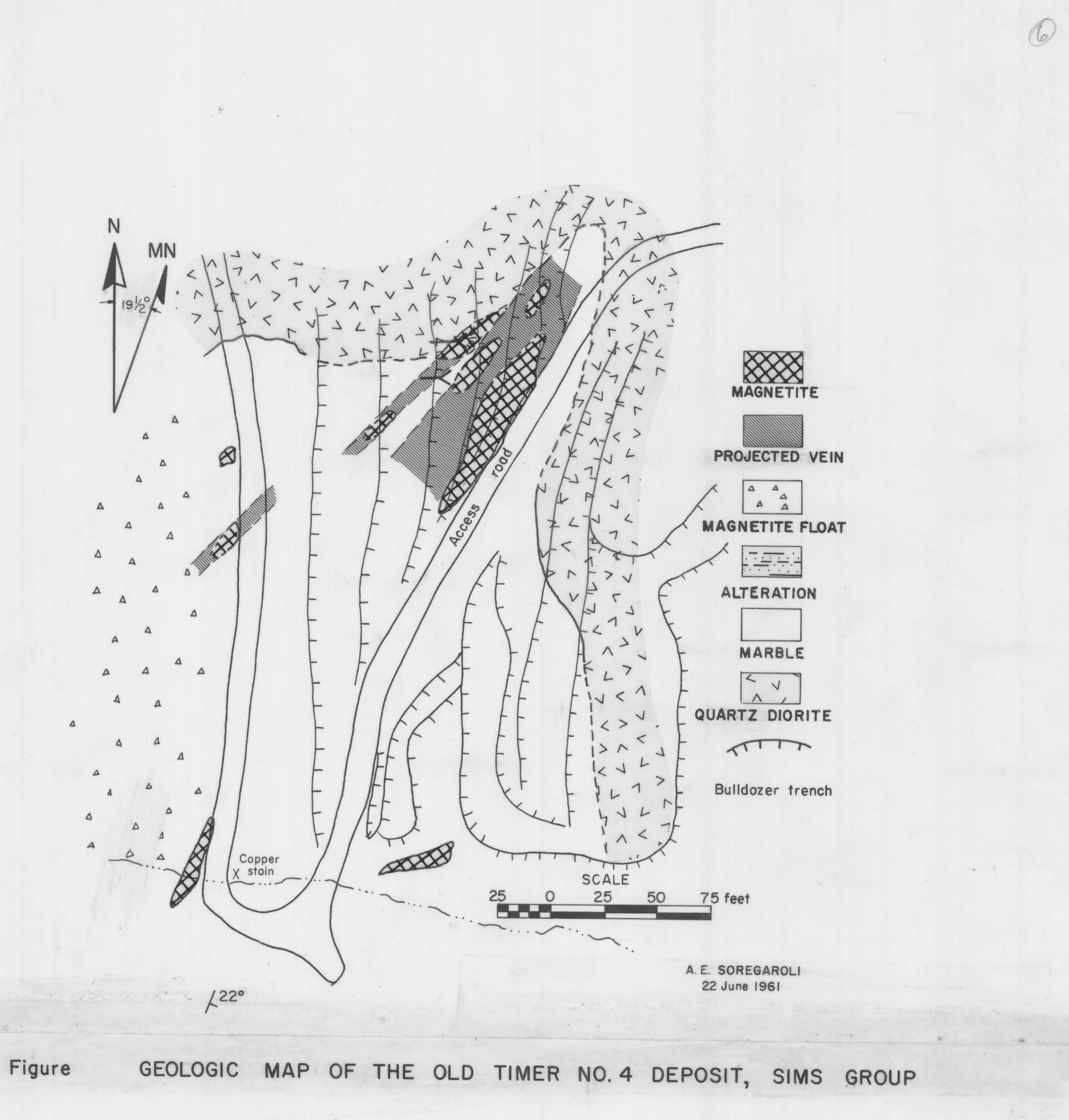 Geologic map of the Old Timer No. 4 deposit, Sims Group (A.E. Soregaroli, June 1961), showing magnetite bodies and projected veins along the quartz diorite–marb