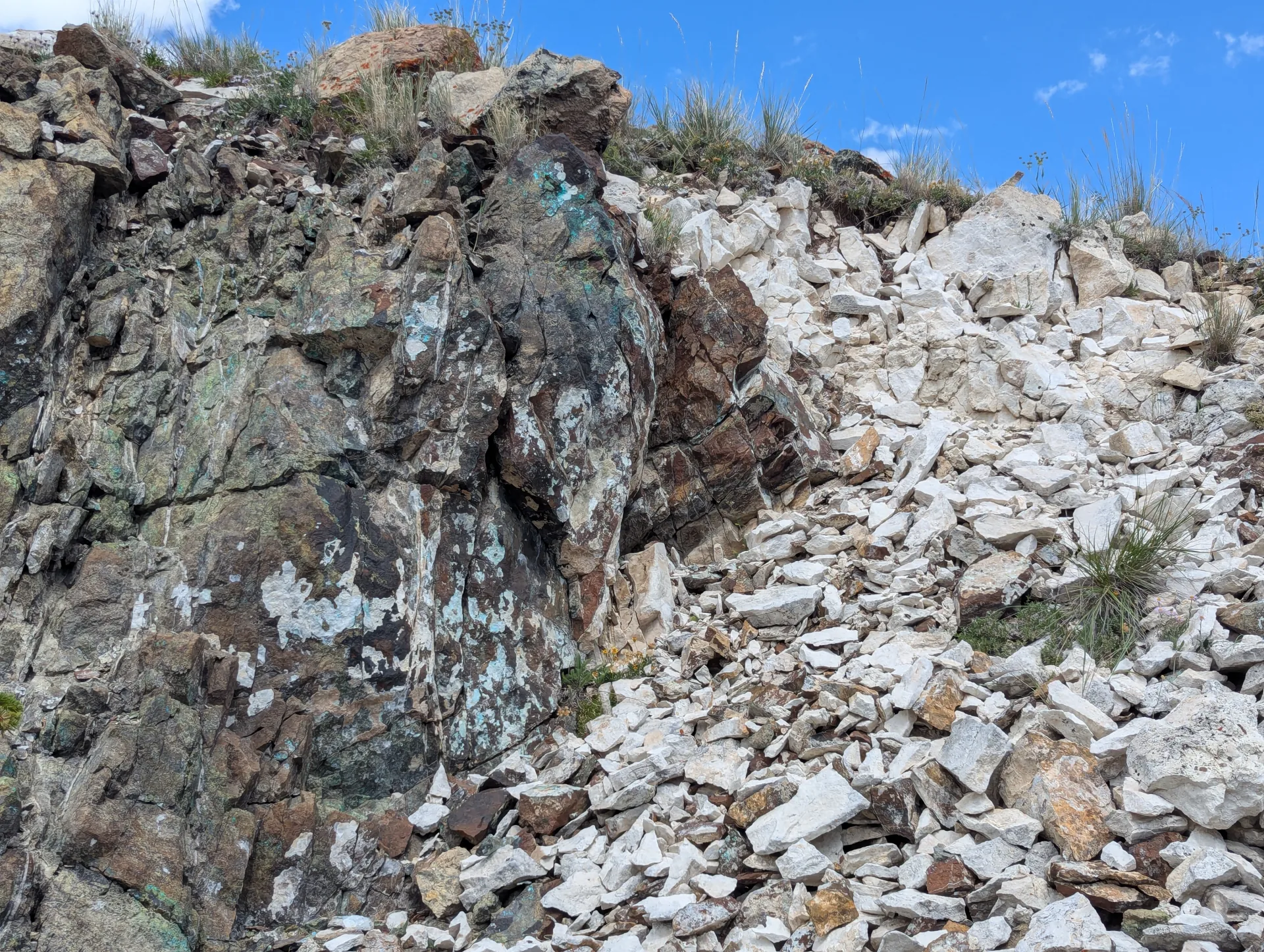 Copper staining exposed in place on a surface cut, above white marble talus.