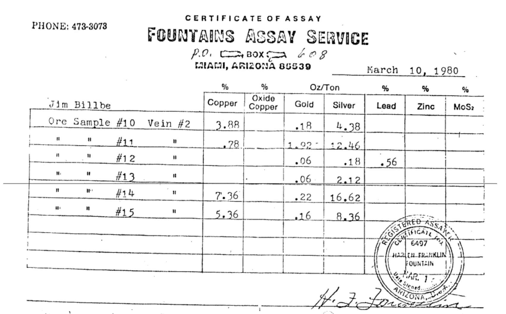 Fountains assay certificate vein two samples ten to fifteen