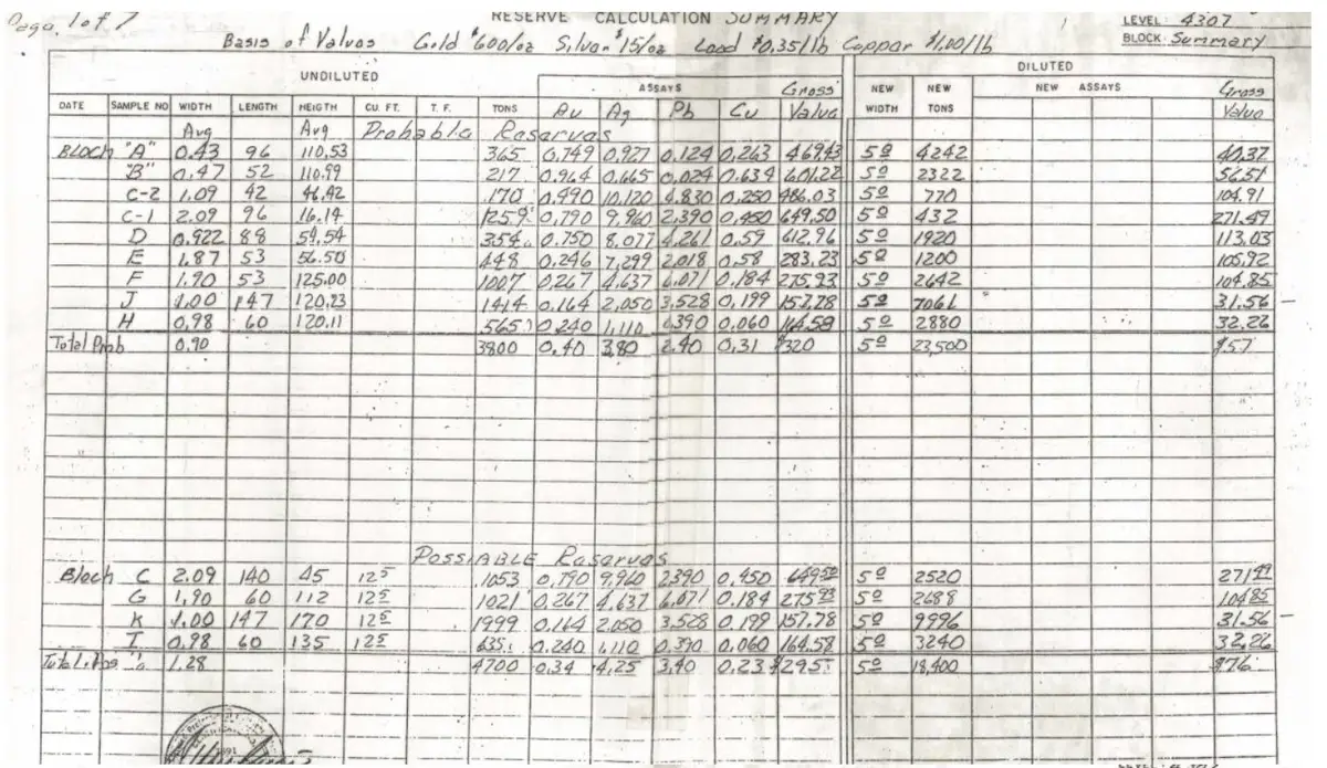 Reserve calculation summary page one level 4307 block summary
