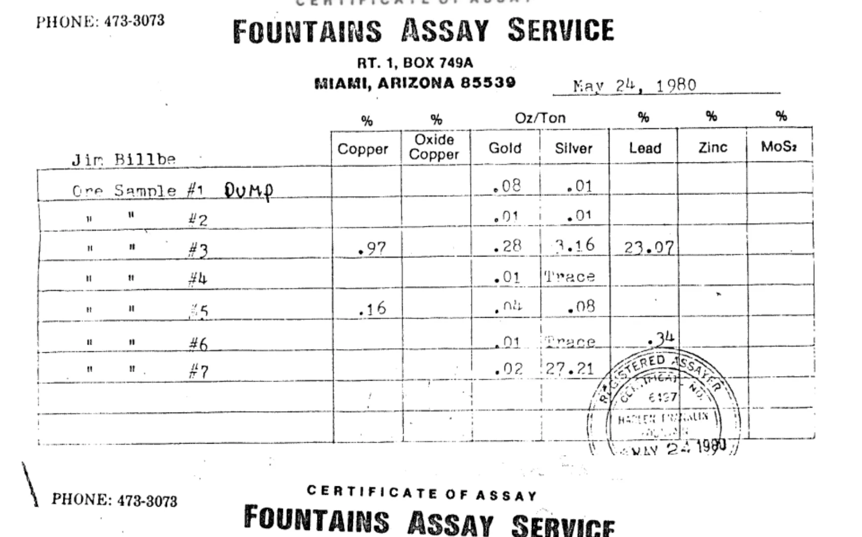 Historic assay sheet