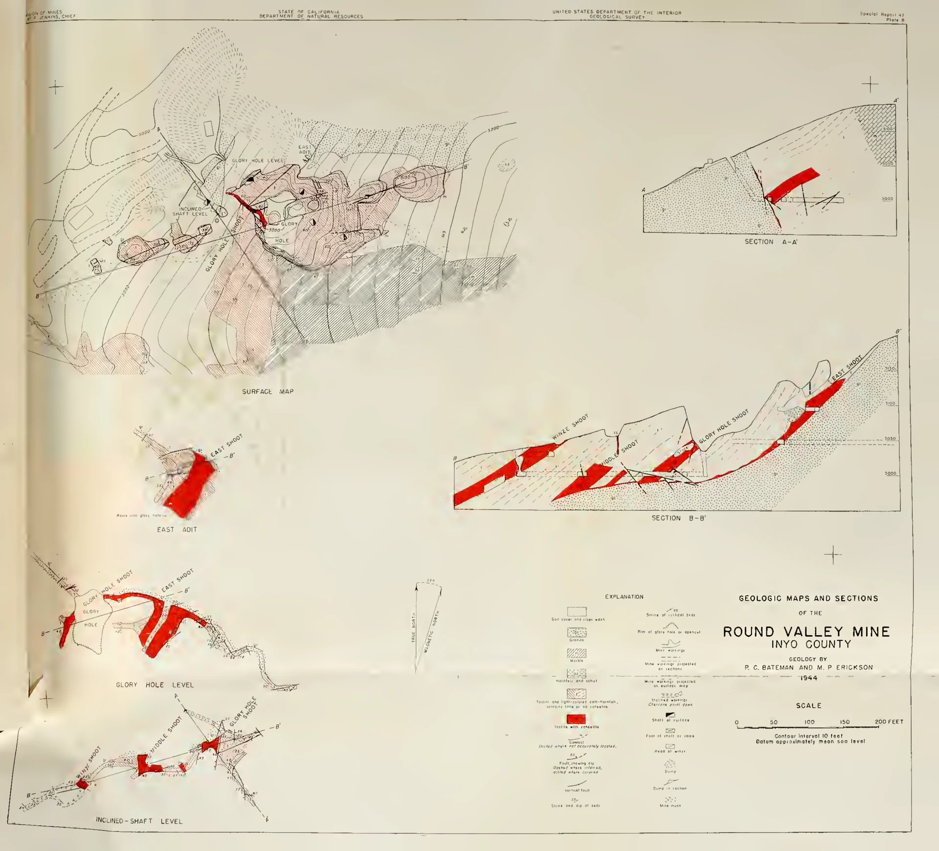 Geologic maps and sections of the Round Valley Mine, Inyo County, showing ore beds at surface, glory hole, and inclined-shaft levels (Bateman & Erickson, 1944; 