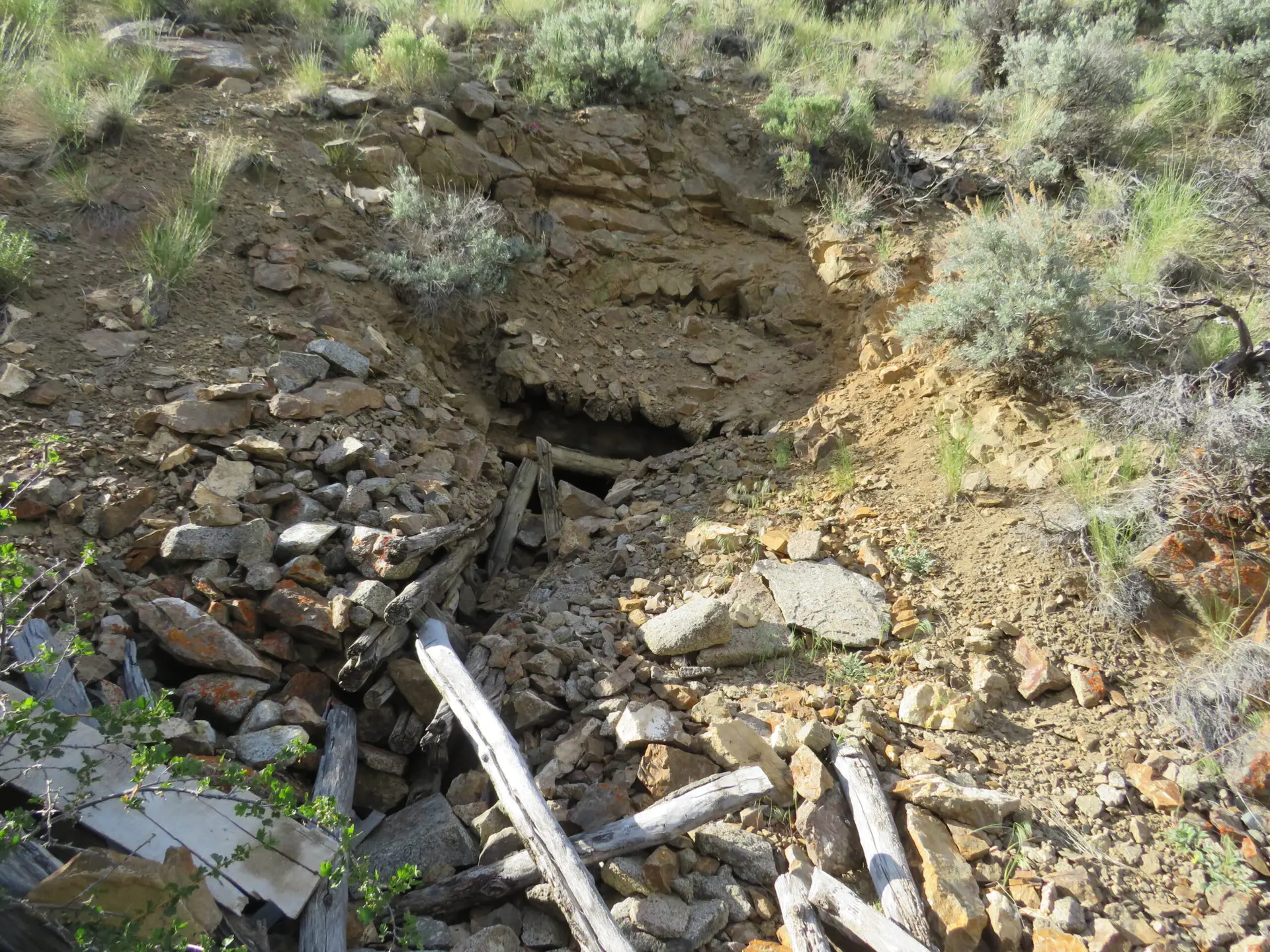 Collapsed historic mine adit portal with rotting timber supports