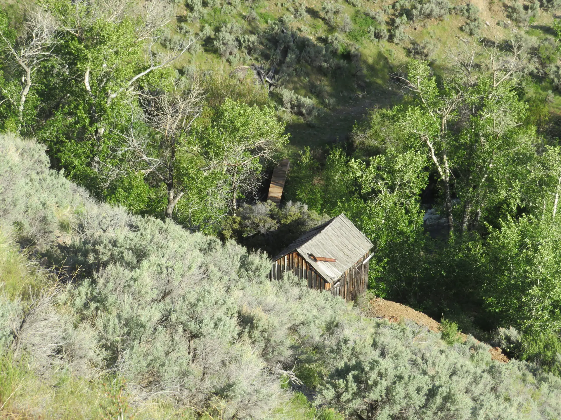 Elevated view of historic mine structures in vegetated canyon Idaho